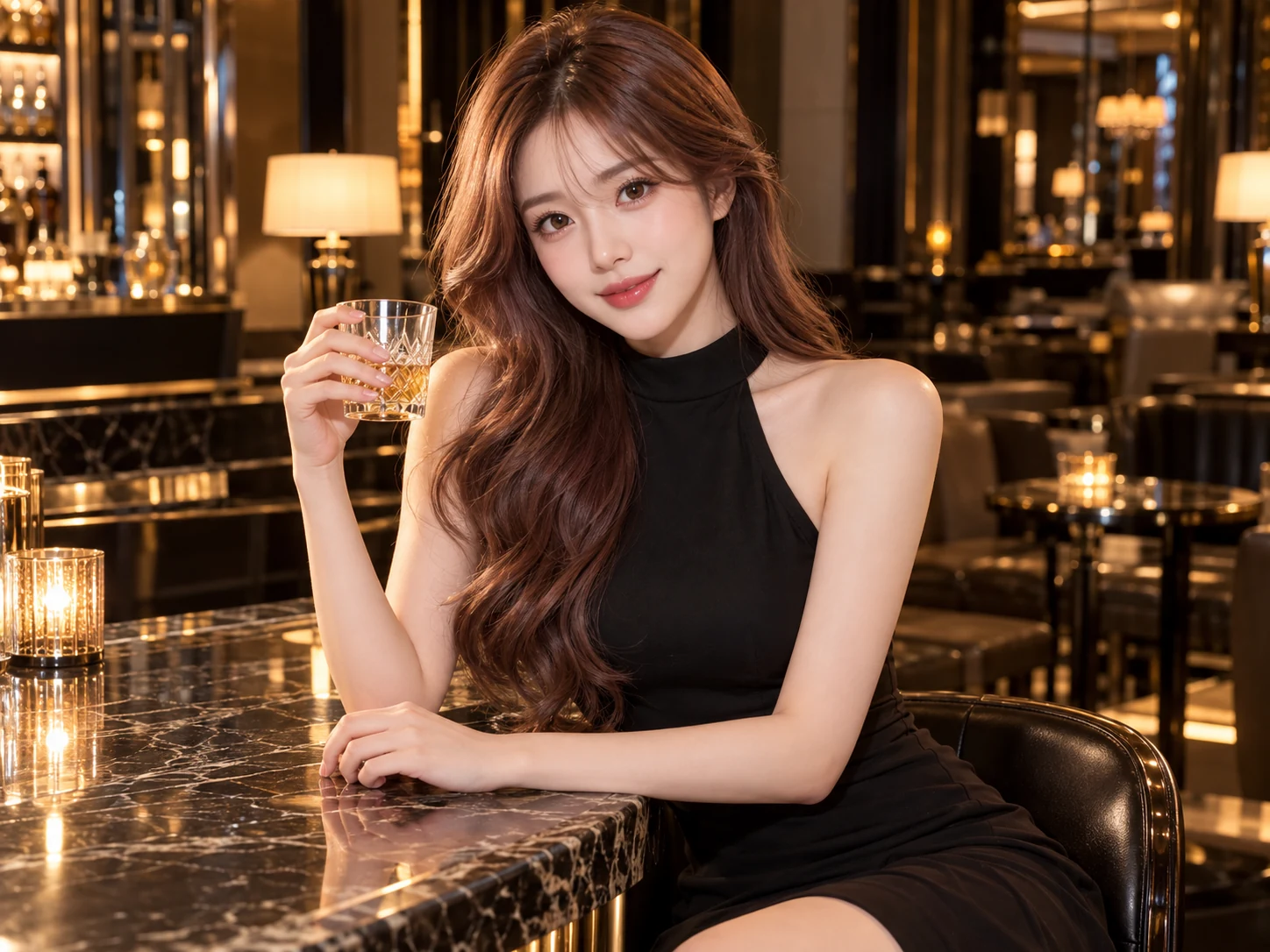 블랙 하이넥 드레스의 라운지 인물 사진