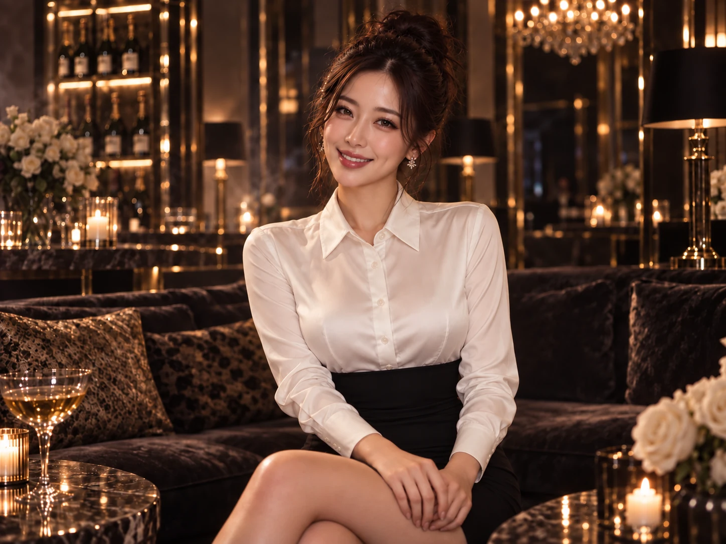 화이트 블라우스와 블랙 스커트의 라운지 인물 사진